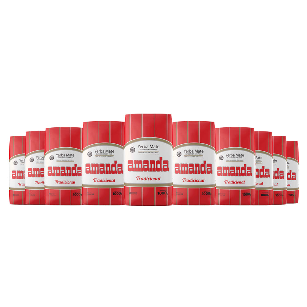 Pack ahorro 10kg (10 unidades de 1kg) de Yerba Mate Amanda Tradicional. La mejor yerba mate para compras por volumen. Apta para celíacos con despacho a todo Chile.