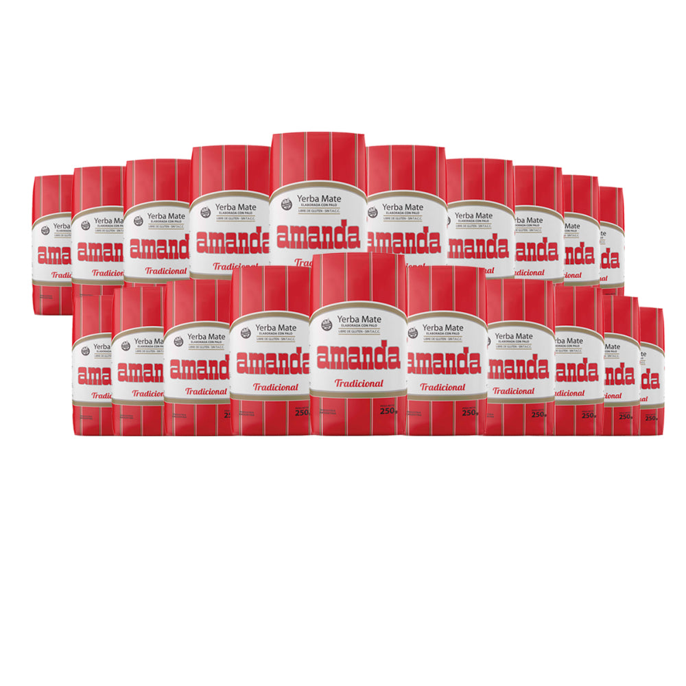 Pack de 20 unidades de Yerba Mate Amanda Tradicional 250g. Formato miniatura ideal para ventas mayoristas, regalos o viajes. Yerba mate sin TACC con despacho a todo Chile. Un pack de cantidad sin sacrificar el ahorro.