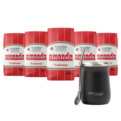 Pack 5 Yerba Mate Amanda Trad.1kg+Mate Thermo Con Bombilla