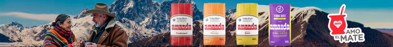Yerba Mate Amanda en sabores Tradicional, Naranja, Limón y Hierbas Serranas. Pareja tomando mate en paisajes de Chile. Venta online de yerba mate y accesorios.