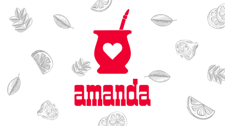 Yerba Mate Amanda logo oficial acompañado de icono de mate y fondo en elemento gráficos de hojas y frutas