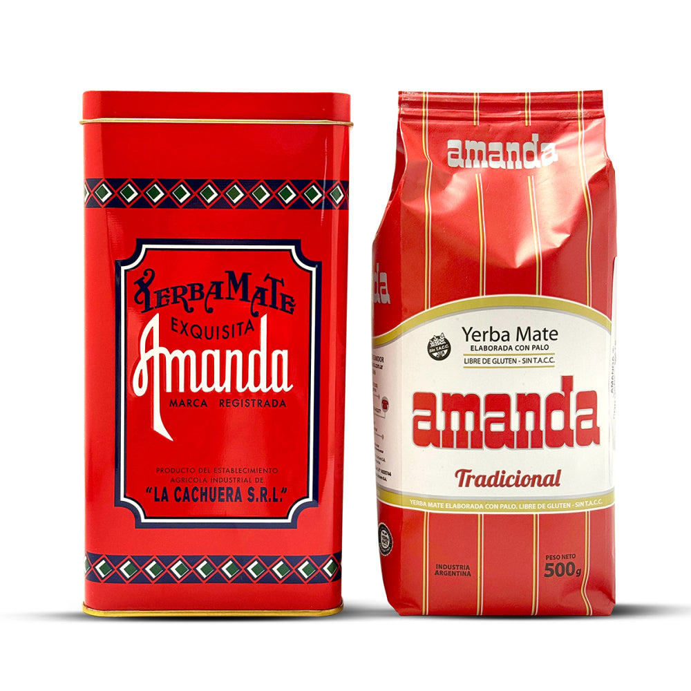 Pack de Yerba Mate Amanda Tradicional 500g con lata para conservarla. Lata roja con tapa para mantener yerba bien almacenada y fresca por más tiempo