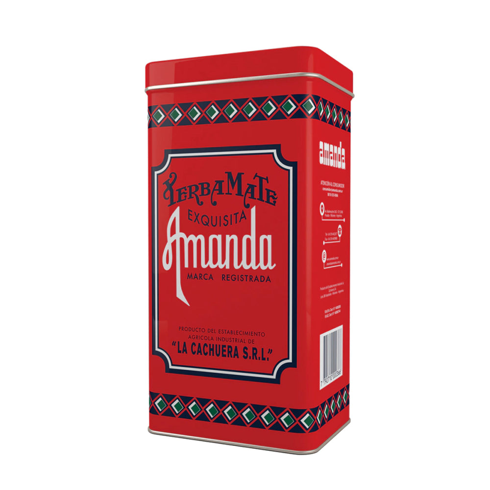 Pack de Yerba Mate Amanda Tradicional 500g con lata para conservarla. Lata roja con tapa para mantener yerba bien almacenada y fresca por más tiempo