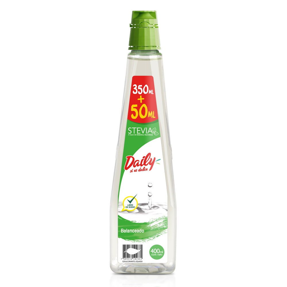 Endulzante Stevia Daily, mas saludable, a menor precio. Tamaño conveniente de 350ml + 50ml de regalo para mayor duración, con la calidad de siempre.