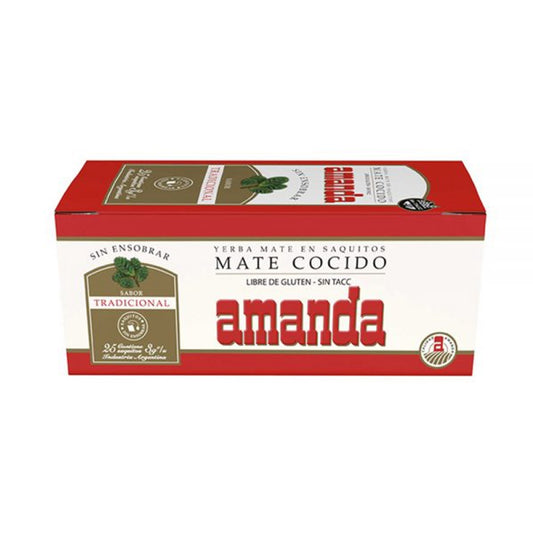 Yerba Mate Amanda en saquitos. Mate cocido listo para consumir. Práctico y fácil. Caja de 25 saquitos estilo té. Origen Argentino