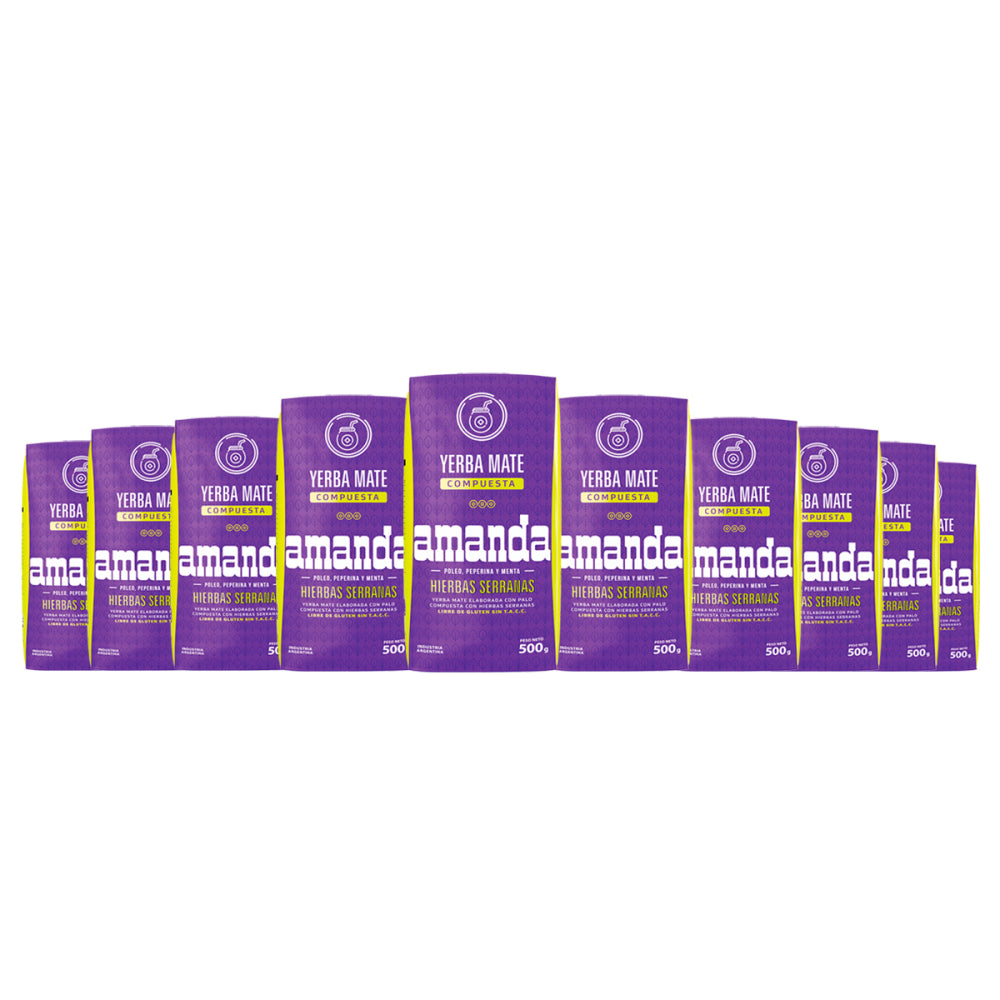Pack ahorro x10 Yerba Mate Amanda Hierbas Serranas (500g c/u). Yerba mate sin gluten, sin TACC y apta para celíacos. Ideal para abastecimiento mayorista.
