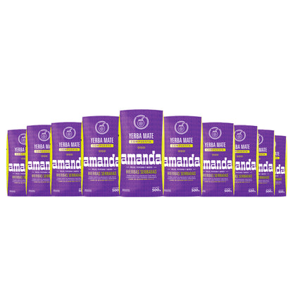 Pack ahorro x10 Yerba Mate Amanda Hierbas Serranas (500g c/u). Yerba mate sin gluten, sin TACC y apta para celíacos. Ideal para abastecimiento mayorista.