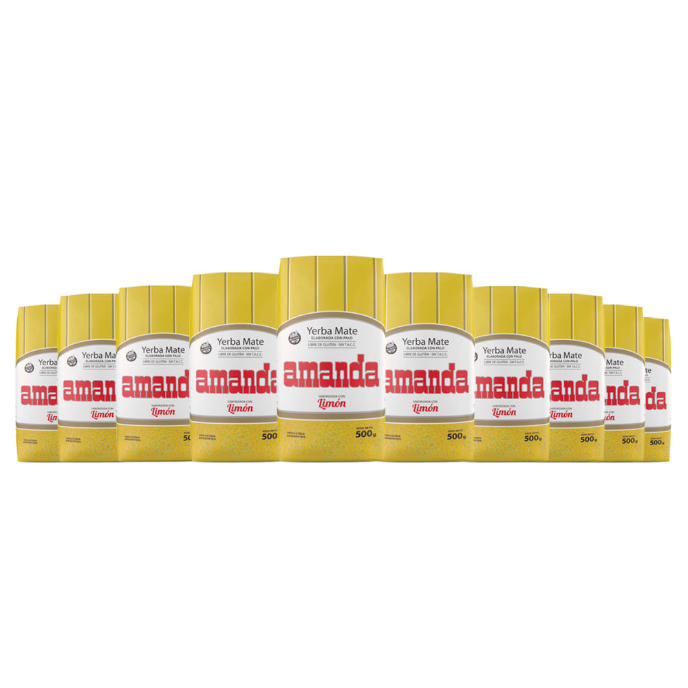 Pack ahorro x10 de Yerba Mate Amanda Sabor Limón (500g c/u). La mejor yerba mate saborizada apta para celíacos. Ideal para compras por volumen y negocios.