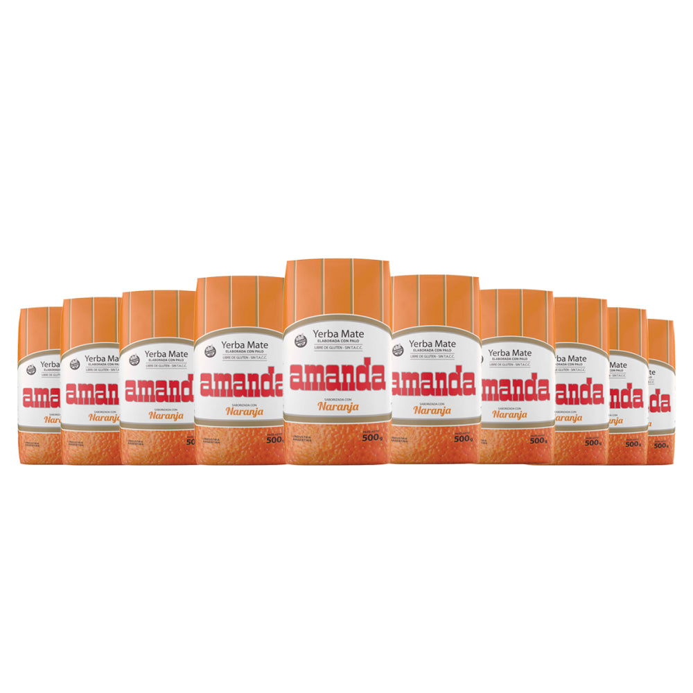 Pack ahorro x10 Yerba Mate Amanda Sabor Naranja (500g c/u). La mejor yerba mate saborizada apta para celíacos. Ideal para compras por volumen y abastecimiento de negocios.