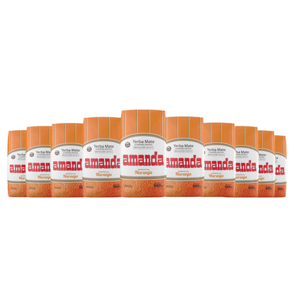 Pack ahorro x10 Yerba Mate Amanda Sabor Naranja (500g c/u). La mejor yerba mate saborizada apta para celíacos. Ideal para compras por volumen y abastecimiento de negocios.