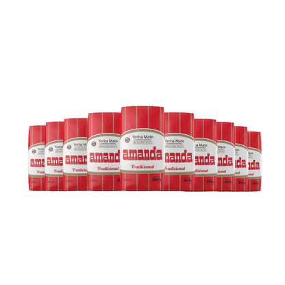 Kit de 10 unidades de Yerba Mate Amanda Tradicional 500g. Yerba mate argentina con palo, sin gluten y sin TACC. Pack de ahorro de 5kg con despacho a todo Chile.