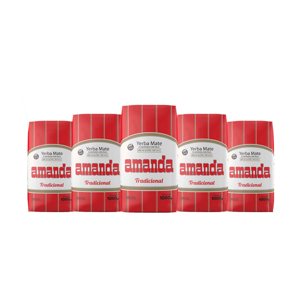 Pack de 5 unidades de Yerba Mate Amanda Tradicional 1kg. Yerba mate argentina con palo, sin gluten y sin TACC. Formato ahorro con despacho a todo Chile.