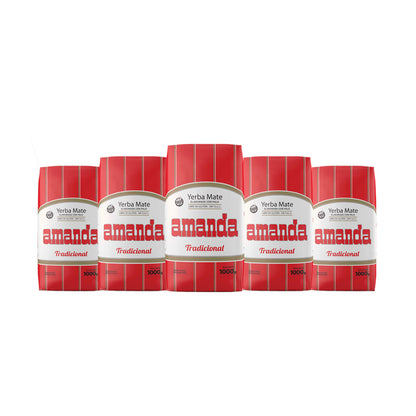 Pack de 5 unidades de Yerba Mate Amanda Tradicional 1kg. Yerba mate argentina con palo, sin gluten y sin TACC. Formato ahorro con despacho a todo Chile.