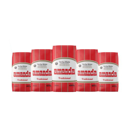 Pack de 5 unidades de Yerba Mate Amanda Tradicional 1kg. Yerba mate argentina con palo, sin gluten y sin TACC. Formato ahorro con despacho a todo Chile.