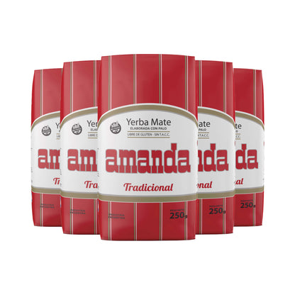 Pack de 5 unidades de Yerba Mate Amanda Tradicional 250g. Formato pequeño ideal para viajes o regalos. Yerba mate con palo, sin TACC, con envío a todo Chile.