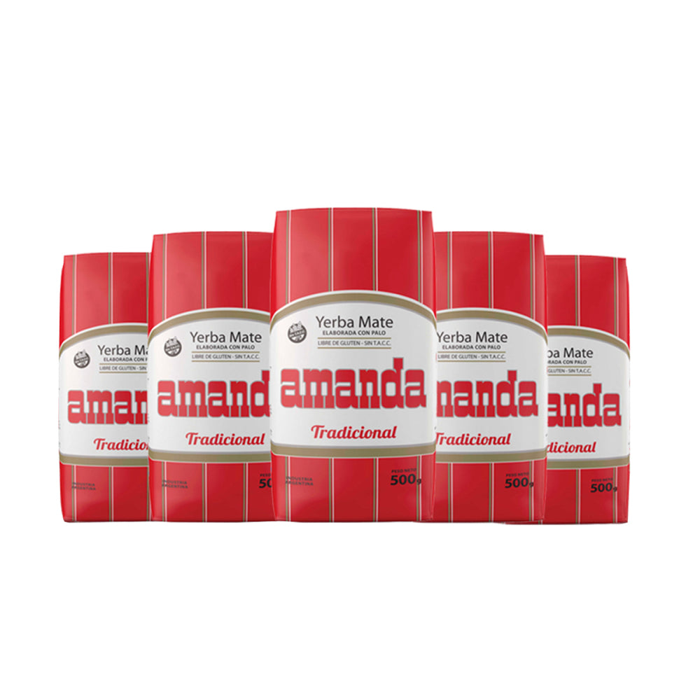 Pack de 5 unidades de Yerba Mate Amanda Tradicional 500g para mayor ahorro. Yerba mate clásica para consumo diario, apta para celíacos. Compra online con envío rápido en Santiago y regiones.