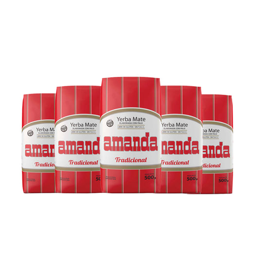 Pack de 5 unidades de Yerba Mate Amanda Tradicional 500g para mayor ahorro. Yerba mate clásica para consumo diario, apta para celíacos. Compra online con envío rápido en Santiago y regiones.