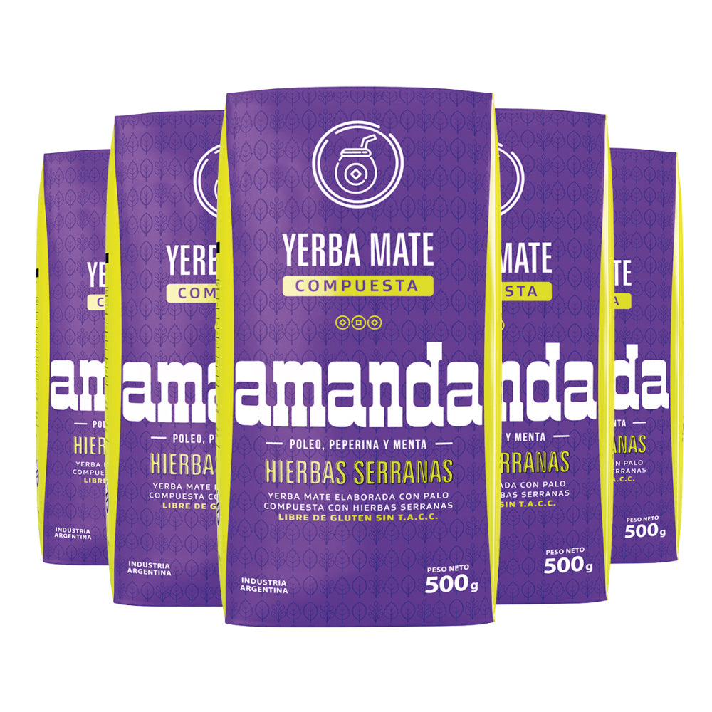 Pack de 5 unidades de Yerba Mate Amanda Hierbas Serranas 500g. Mezcla con poleo, peperina y menta. Apta para celíacos y disponible para venta minorista y mayorista con despacho a Todo Chile