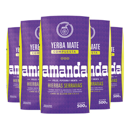 Pack de 5 unidades de Yerba Mate Amanda Hierbas Serranas 500g. Mezcla con poleo, peperina y menta. Apta para celíacos y disponible para venta minorista y mayorista con despacho a Todo Chile