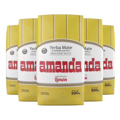 Pack de 5 unidades de Yerba Mate Amanda Sabor Limón 500g. Yerba mate con sabor refrescante, sin gluten y sin TACC. Disponible para venta mayorista con despacho a todo Chile.