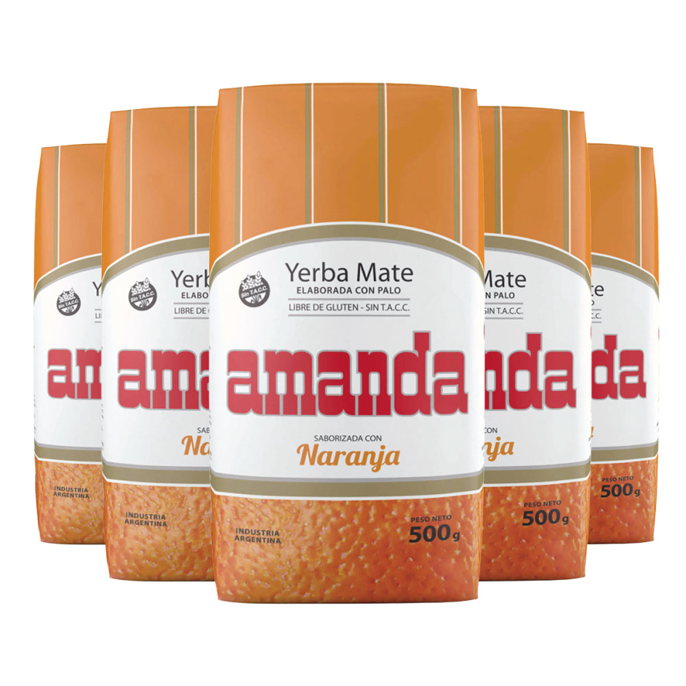 Pack x5 unidades de Yerba Mate Amanda Sabor Naranja 500g. Yerba mate cítrica y refrescante, sin gluten. Pack en oferta para amantes del mate en Chile.