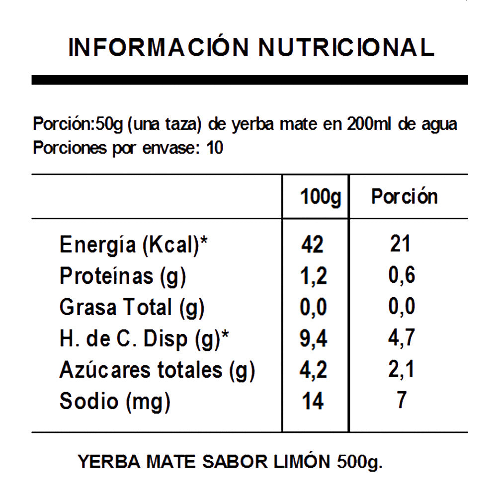 Información nutricional yerba mate sabor limon. Yerba sin gluten, sin Taac.