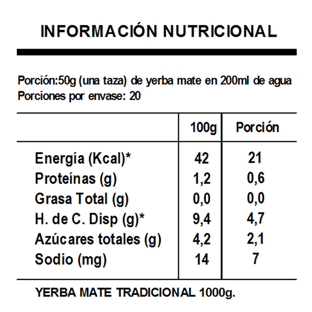 Yerba Mate tradicional en formato conveniente de 1kg. Elaborada orgánicamente en argentina, sin gluten, sin taac. Aprovecha los beneficios que te entrega la Ilex Paraguariensis.