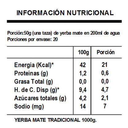 Yerba Mate tradicional en formato conveniente de 1kg. Elaborada orgánicamente en argentina, sin gluten, sin taac. Aprovecha los beneficios que te entrega la Ilex Paraguariensis.