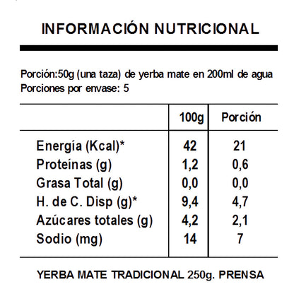 Yerba Mate tradicional en formato pequeño de 250g. Elaborada orgánicamente en argentina, sin gluten, sin taac. Aprovecha los beneficios que te entrega la Ilex Paraguariensis.