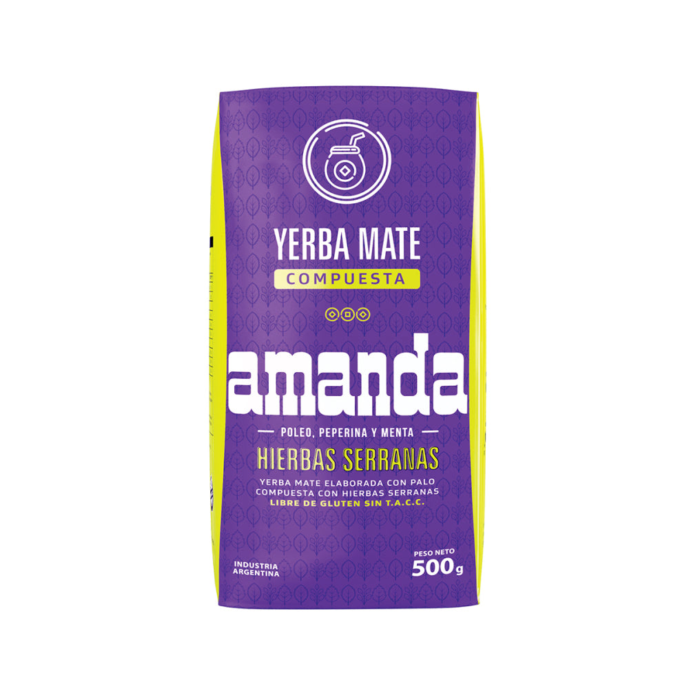 Yerba Mate Amanda con sabor Hierbas Serranas. Hierbas medicinales: Poleo, Peperina y Menta. Sin Gluten, Sin Tacc, Apta para celiacos. Formato 500g