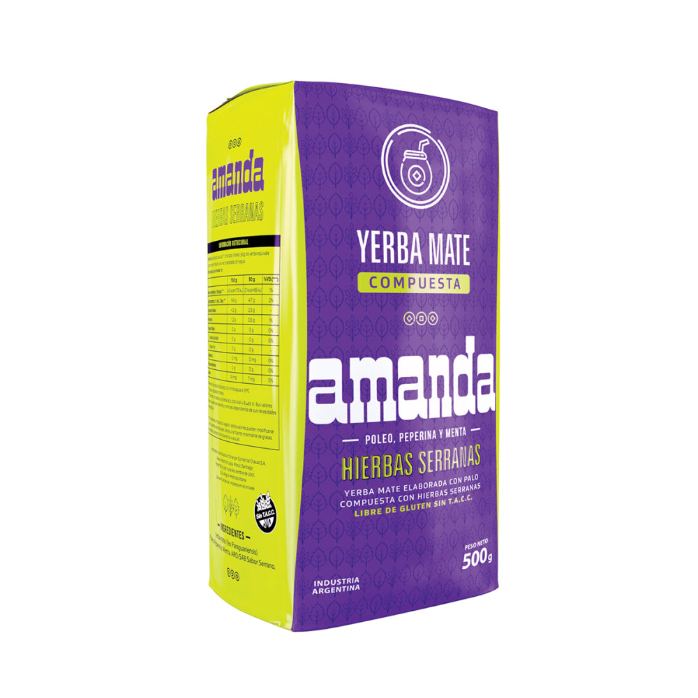 Yerba Mate Amanda con sabor Hierbas Serranas. Hierbas medicinales: Poleo, Peperina y Menta. Sin Gluten, Sin Tacc, Apta para celiacos. Formato 500g