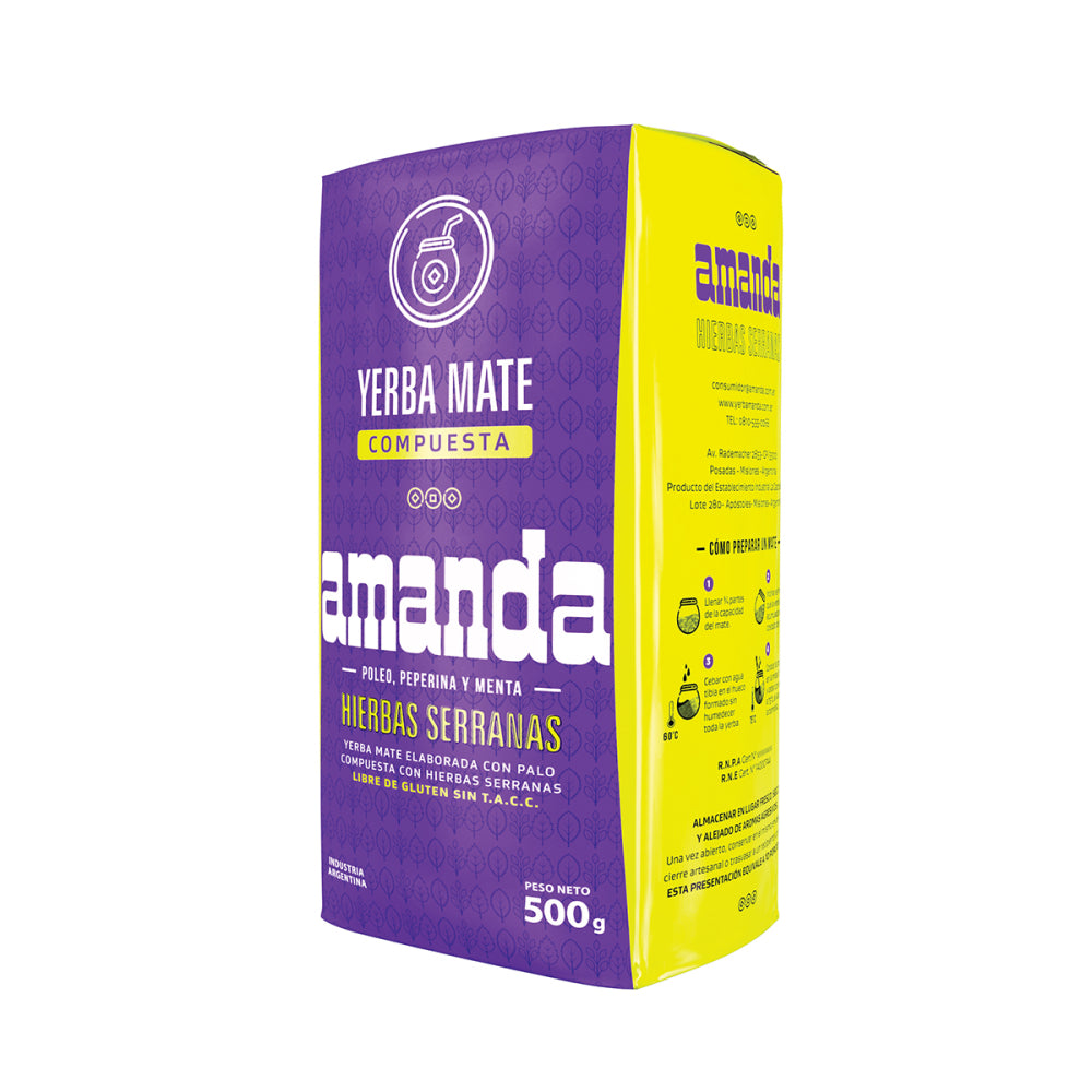 Yerba Mate Amanda con sabor Hierbas Serranas. Hierbas medicinales: Poleo, Peperina y Menta. Sin Gluten, Sin Tacc, Apta para celiacos. Formato 500g