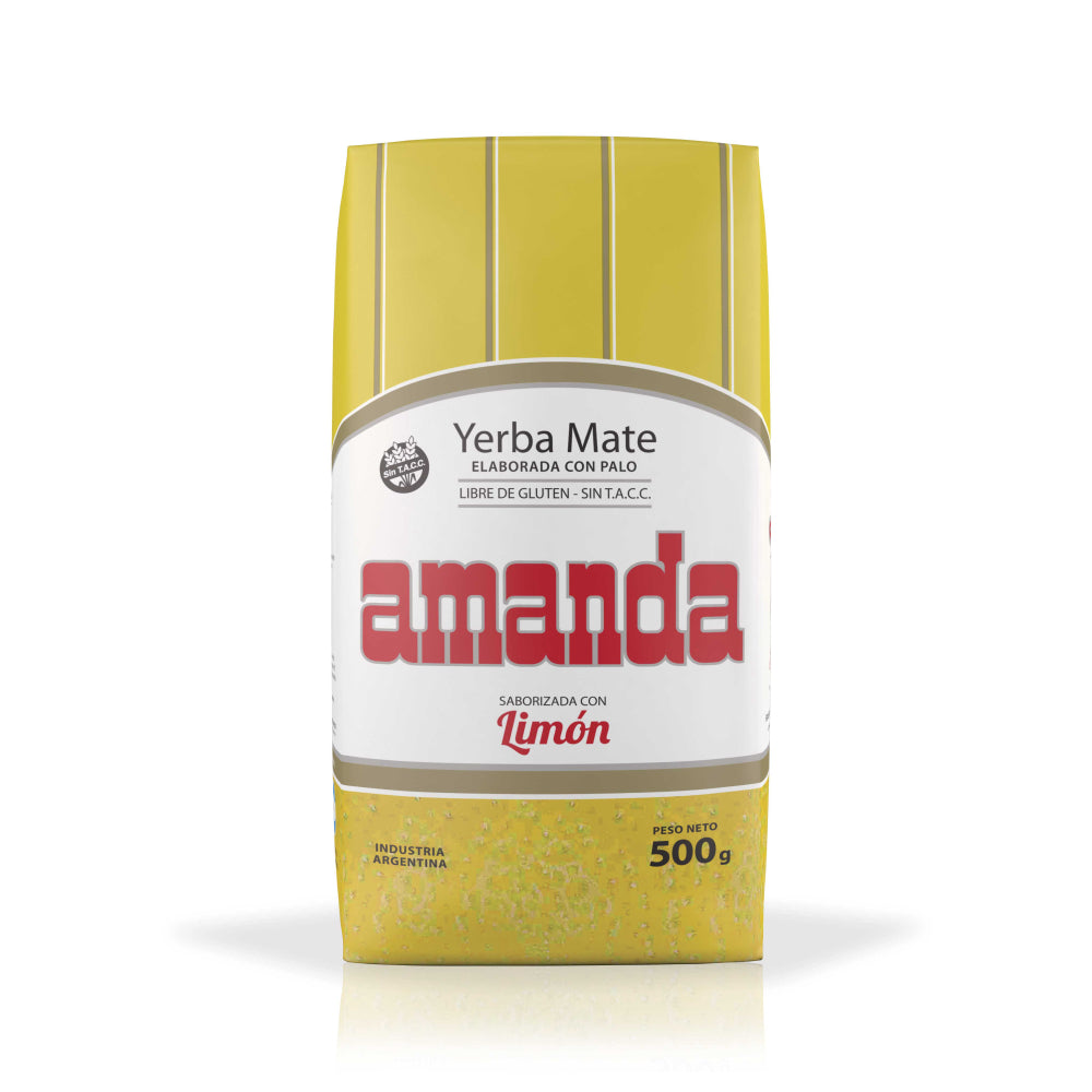 Yerba Mate Amanda, la mejor yerba con sabor refrescante del limón. Sin Gluten, Sin Tacc, Apta para celiacos. Formato 500g