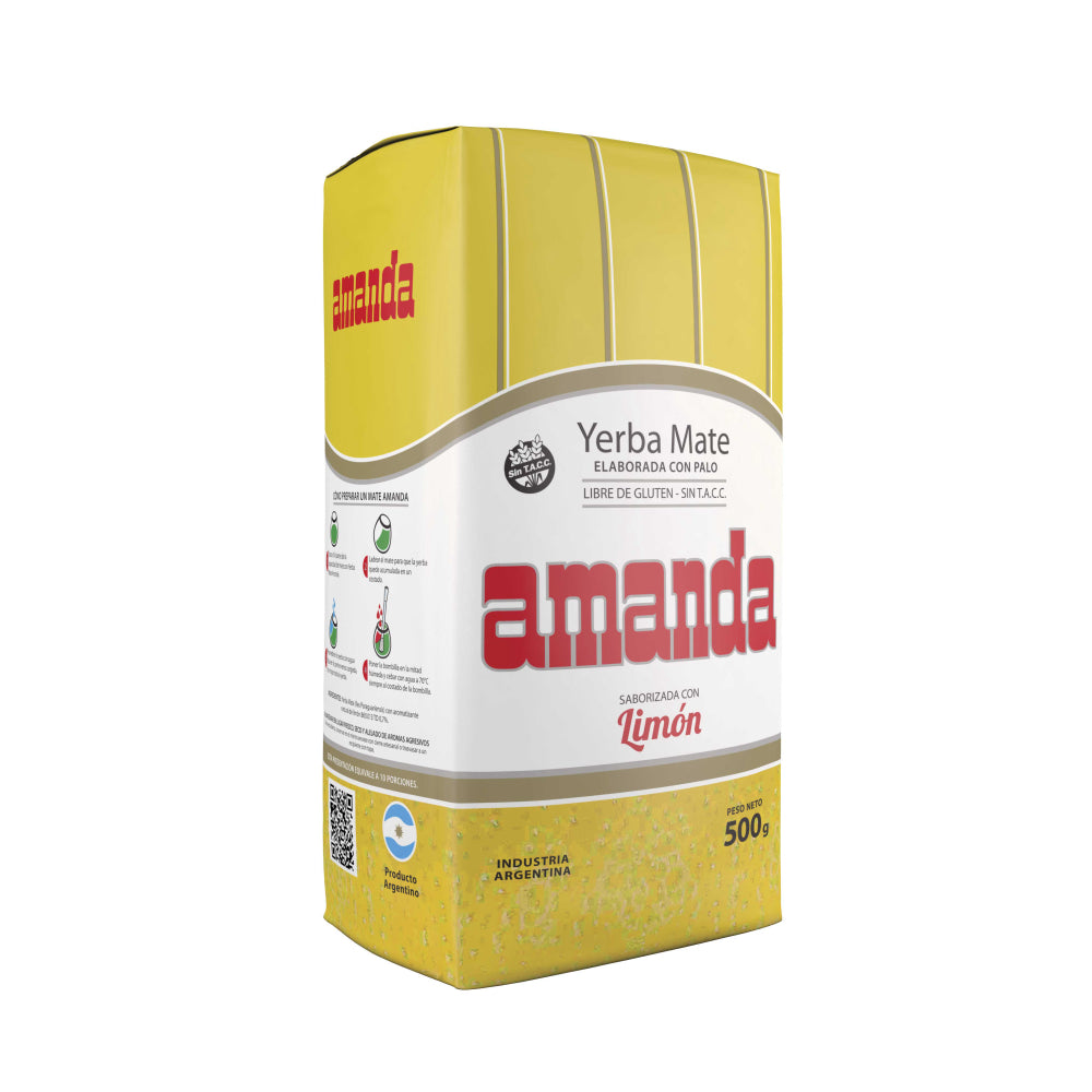 Yerba Mate Amanda, la mejor yerba con sabor refrescante del limón. Sin Gluten, Sin Tacc, Apta para celiacos. Formato 500g
