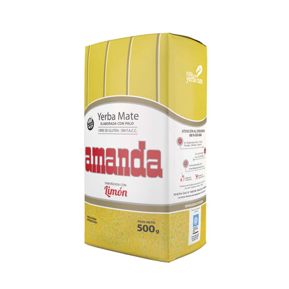 Yerba Mate Amanda, la mejor yerba con sabor refrescante del limón. Sin Gluten, Sin Tacc, Apta para celiacos. Formato 500g