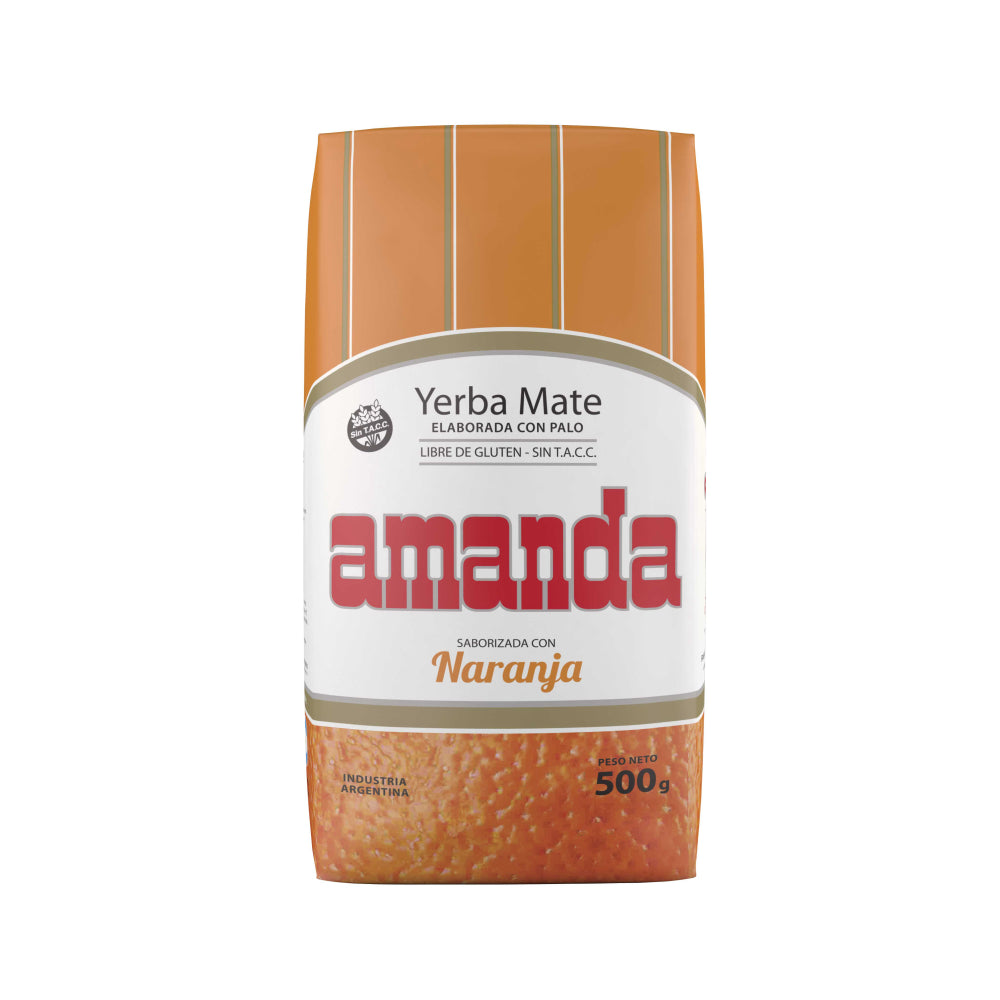 Yerba Mate Amanda, la mejor yerba con sabor único a naranja. Sin Gluten, Sin Tacc, Apta para celiacos. Formato 500g