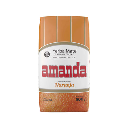 Yerba Mate Amanda, la mejor yerba con sabor único a naranja. Sin Gluten, Sin Tacc, Apta para celiacos. Formato 500g