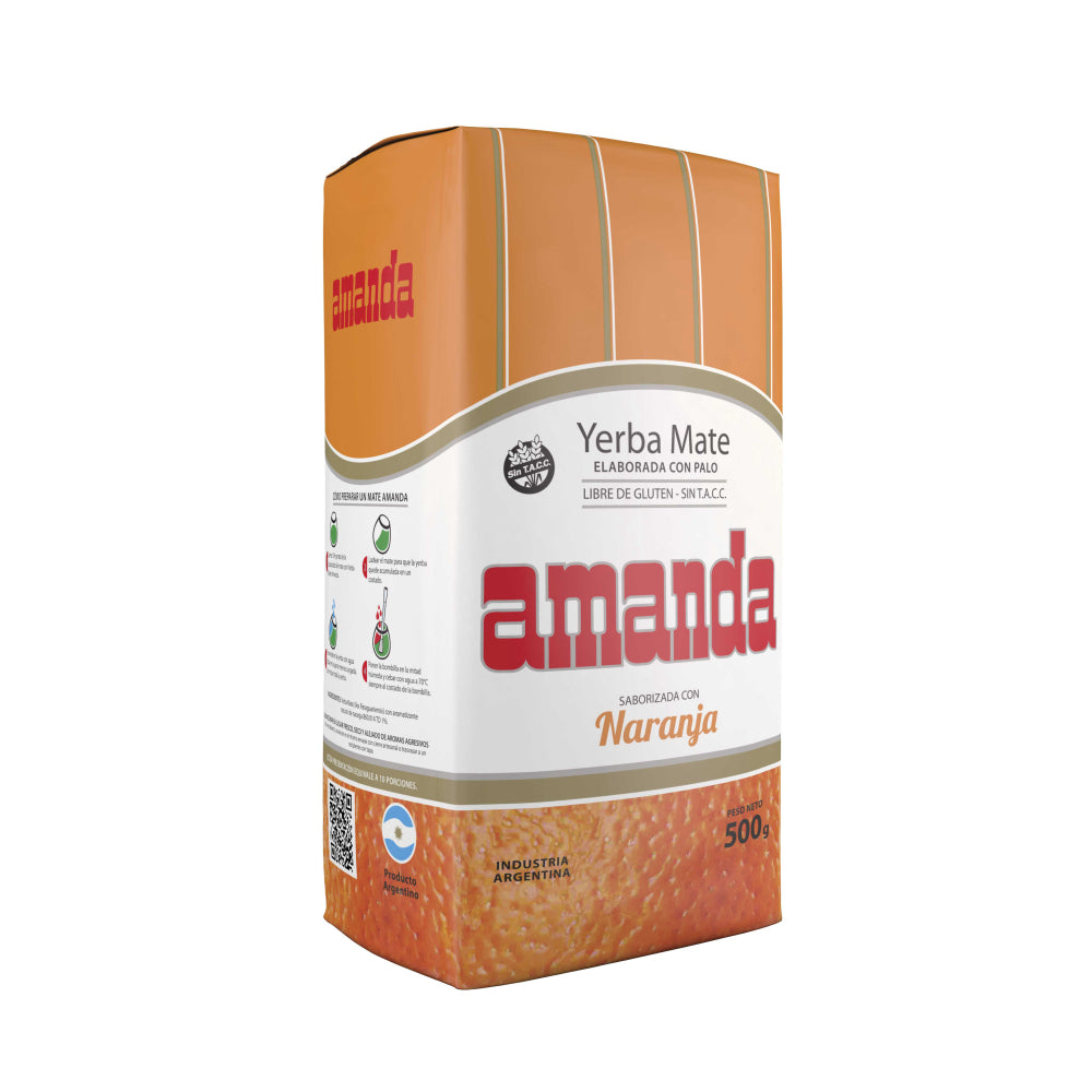 Yerba Mate Amanda, la mejor yerba con sabor único a naranja. Sin Gluten, Sin Tacc, Apta para celiacos. Formato 500g