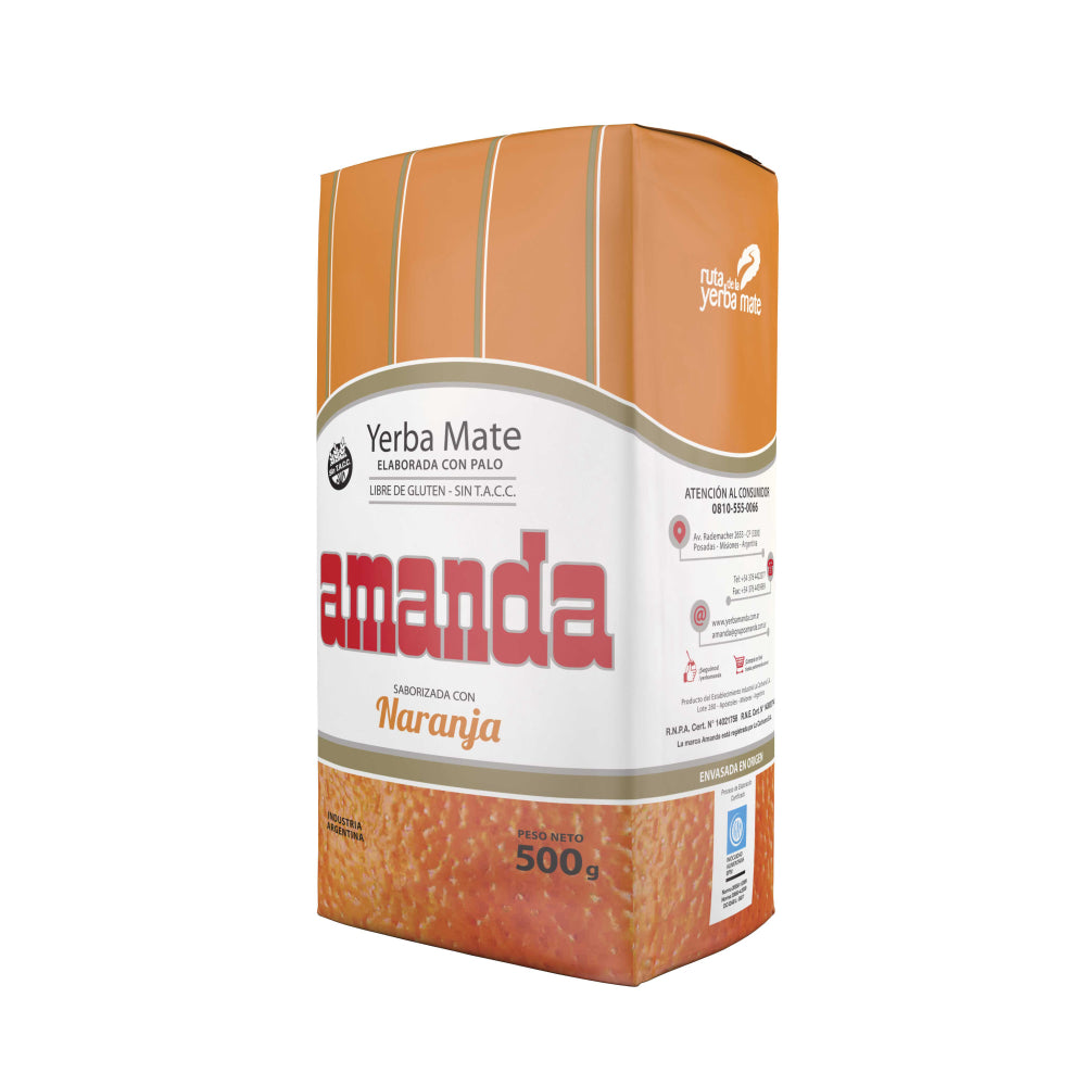 Yerba Mate Amanda, la mejor yerba con sabor único a naranja. Sin Gluten, Sin Tacc, Apta para celiacos. Formato 500g
